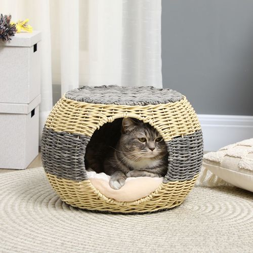 PawHut Rattan Wicker Cat Bed with Cushion