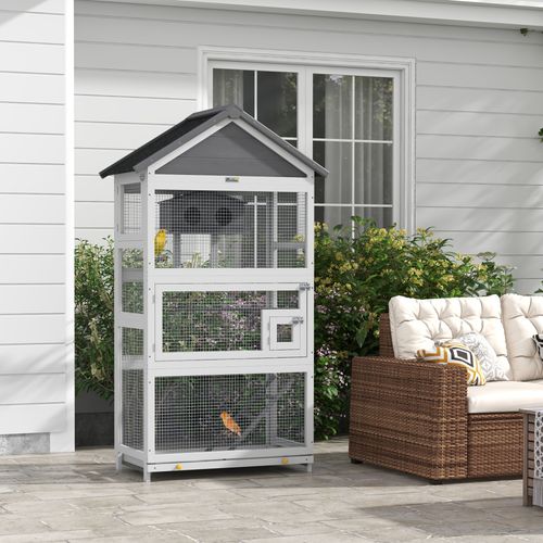 PawHut Grey Wooden Bird Cage with Stand for Small Birds