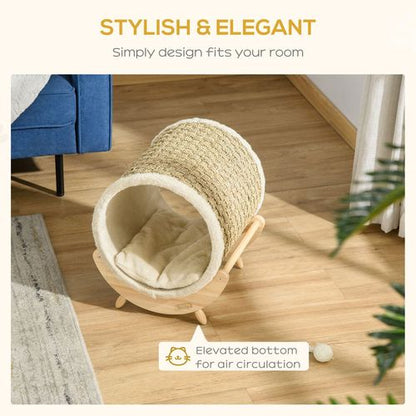 Elevated Cat House Kitten Bed Pet Shelter with Scratcher Cushion, Beige